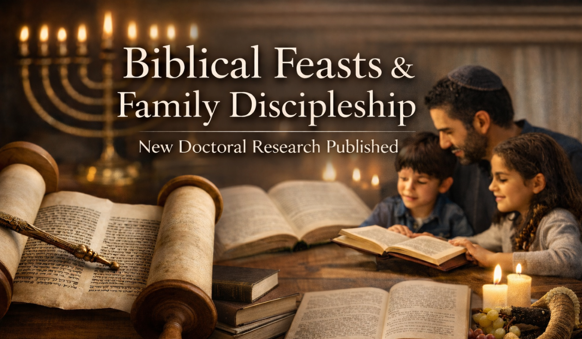 Open Torah scroll and Bible on a study table as a Jewish family engages in discipleship, reflecting doctoral research on Biblical Feasts and Messianic family formation